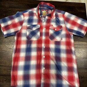 Dixxon Flannel Co All-Star Bamboo Short Sleeve Men's Small Red White Blue Plaid